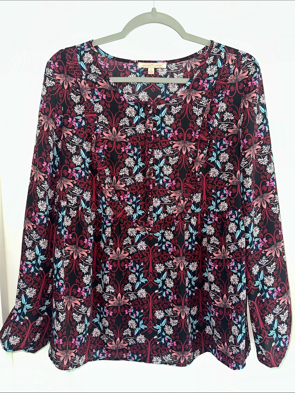 Gibson Latimer Black Floral Smocked Yoke Long Sleeve Blouse